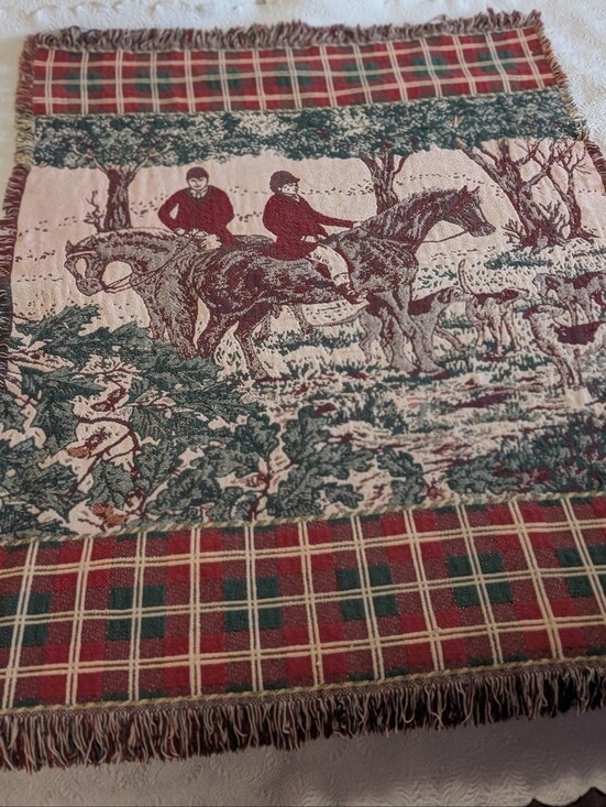 Other - Vintage tapestry fringe throw blanket red/ green equestrian dogs fox hunt 60x44
